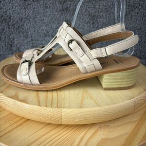 Clarks Collection Reida Sandal Women 8.5 Leather Beige Slingback Block Heel Shoe